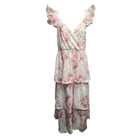 Lulus Dress Burnout Floral Lace Tiered Ruffle White Pink XL Maxi Romantic XL NEW - Picture 3 of 12